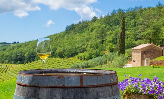 Glass of white wine on a wooden barrel overlooking vineyards and a countryside winery