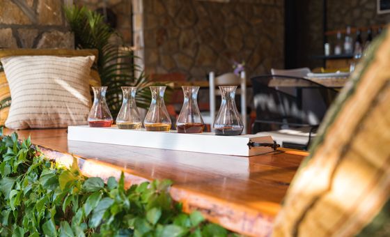 Wine tasting flight with multiple small glasses of different wines served on a wooden tray at a family winery