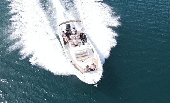 Speedboat excursion in Istria creating a wake in the Adriatic Sea during a guided coastal boat trip