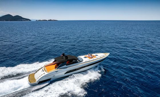 Luxury speedboat cruising on the Adriatic Sea near Dubrovnik coastline on a sunny day
