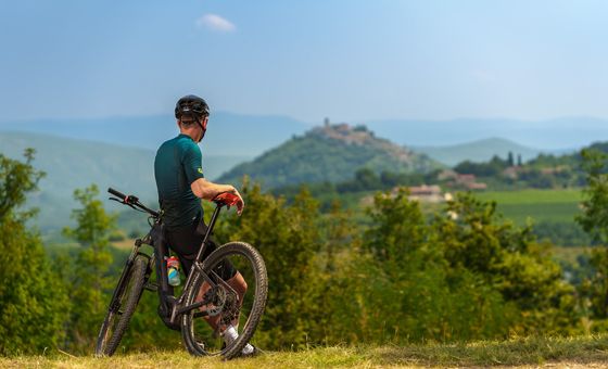 Mountain biker overlooking Motovun hilltop town in Istria during a scenic cycling tour