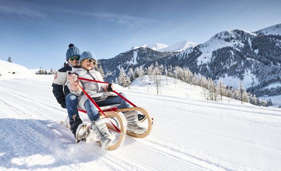 Family enjoying a fun sled ride under winter lights